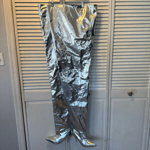 NVA Silver Metallic Thigh High Stiletto Boots Pointed Toe Rhinestone Size 9